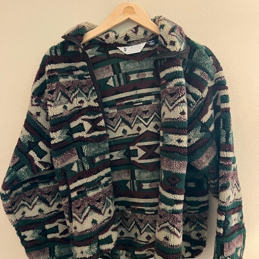 VINTAGE Columbia Women’s Zip Up Sweater - Green and Brown Pattern